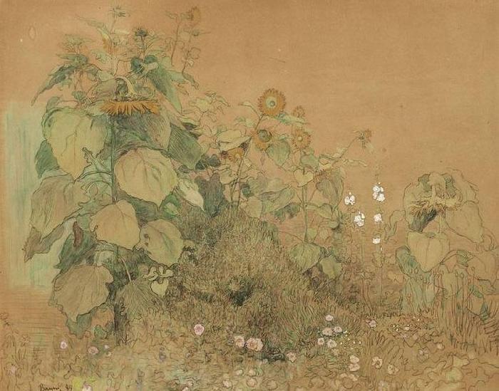 Paul Baum Gartenstuck mit grober und kleineren Sonnenblumen, Malven und anderen Blumen Germany oil painting art